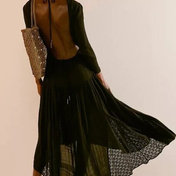 Free People Dresses & Skirts - FREE PEOPLE Sea Me Maxi Dress Black Scoop Neck Open Back Sz XS  NEW